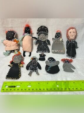 Handmade Fabric & Leather Mini Dolls Folk Art Ornaments Set of 10